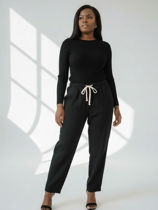 Pants - Black linen with Drawstring Tailored  Pants - Women